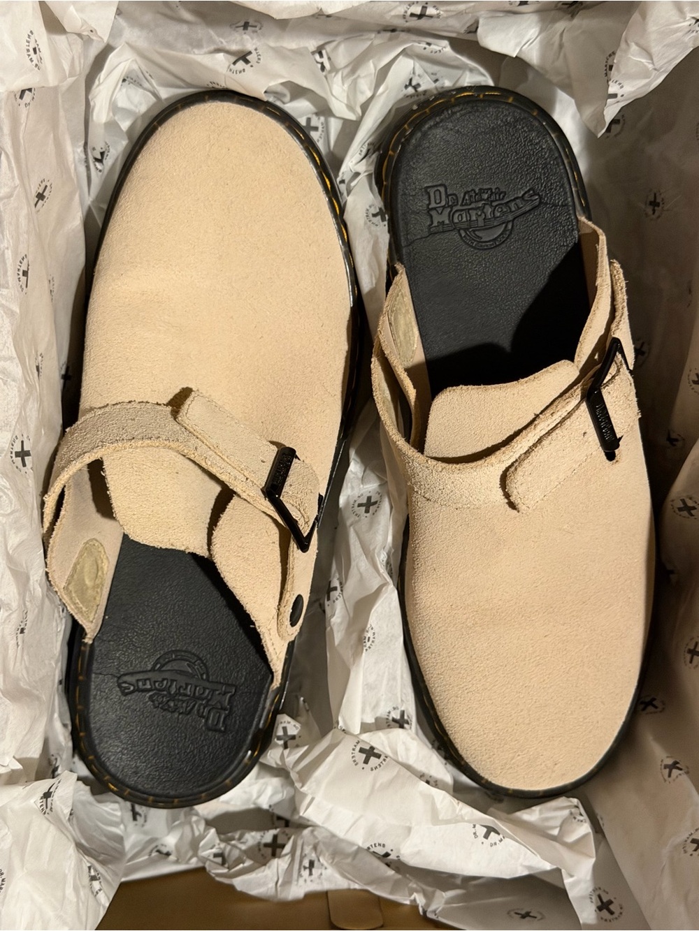 Dr. Martens Beige Suede Slip-On Clogs with Black Footbed